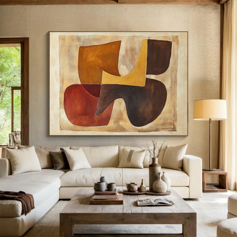 Large abstract painting inspired by Jean Arp featuring organic shapes in earthy browns and oranges.SC514