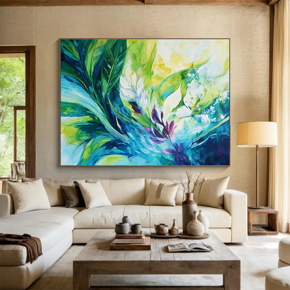 A large abstract painting featuring vibrant tropical plants in green and teal with purple accents and white flowers, showcasing dynamic energy and harmonious beauty.SC431