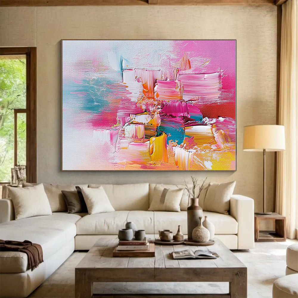 Pink Orange and Teal Abstract Painting with Textured Patches GER487