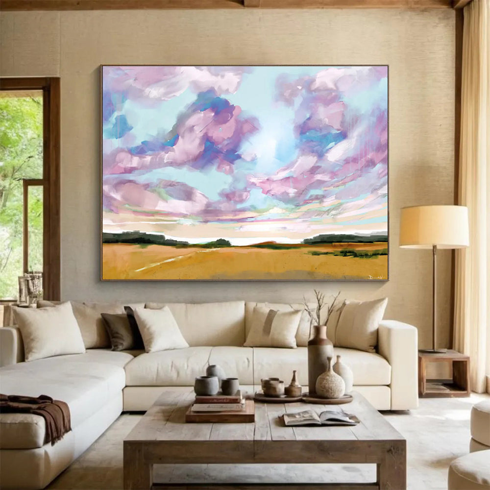 Sky and Field Abstract Painting with Colorful Clouds and Golden Fields THY149