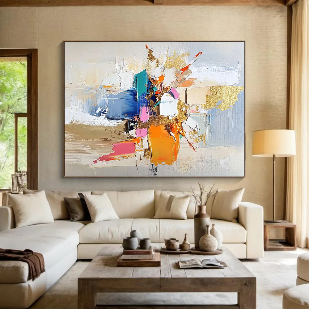 Colorful Block and Gold Abstract Painting with Bold Textures GER469