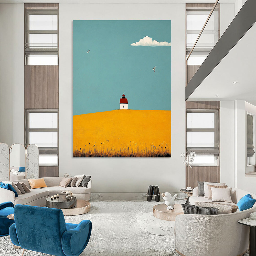 Abstract painting featuring a lighthouse, yellow fields, seagulls, and a vibrant blue sky using soft brushstrokes and tranquil colors.STSC1039
