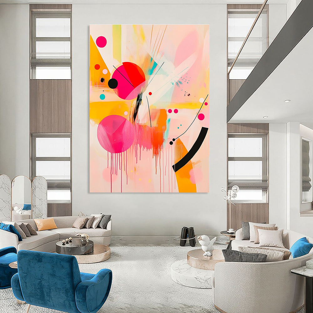 Large abstract painting featuring pink and yellow shapes with black lines and bright orange geometric forms creating a joyful playful composition.STSC790