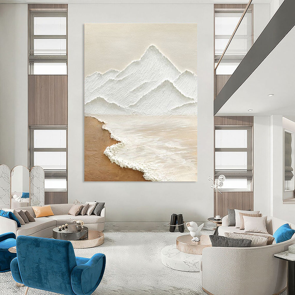 Textured Mountain and Sea Abstract Painting in White and Beige ADGE273