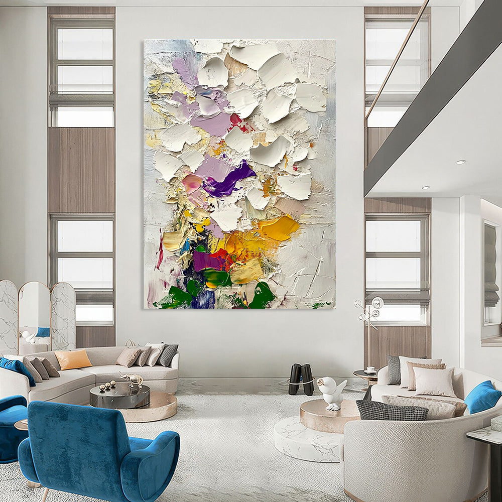 Large abstract painting of textured clouds in pinks purples and yellows with green leaves inspired by Gustav Klimt's style.STSC364