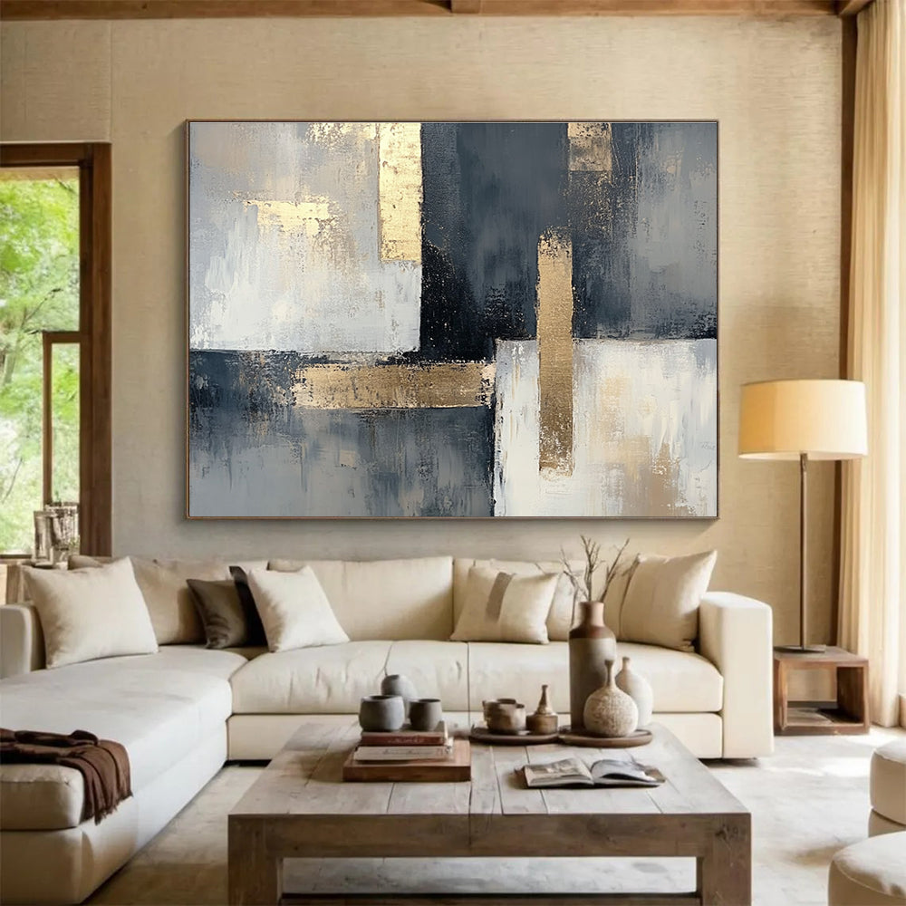 Gray and Gold Abstract Painting with Geometric Elegance DYP406