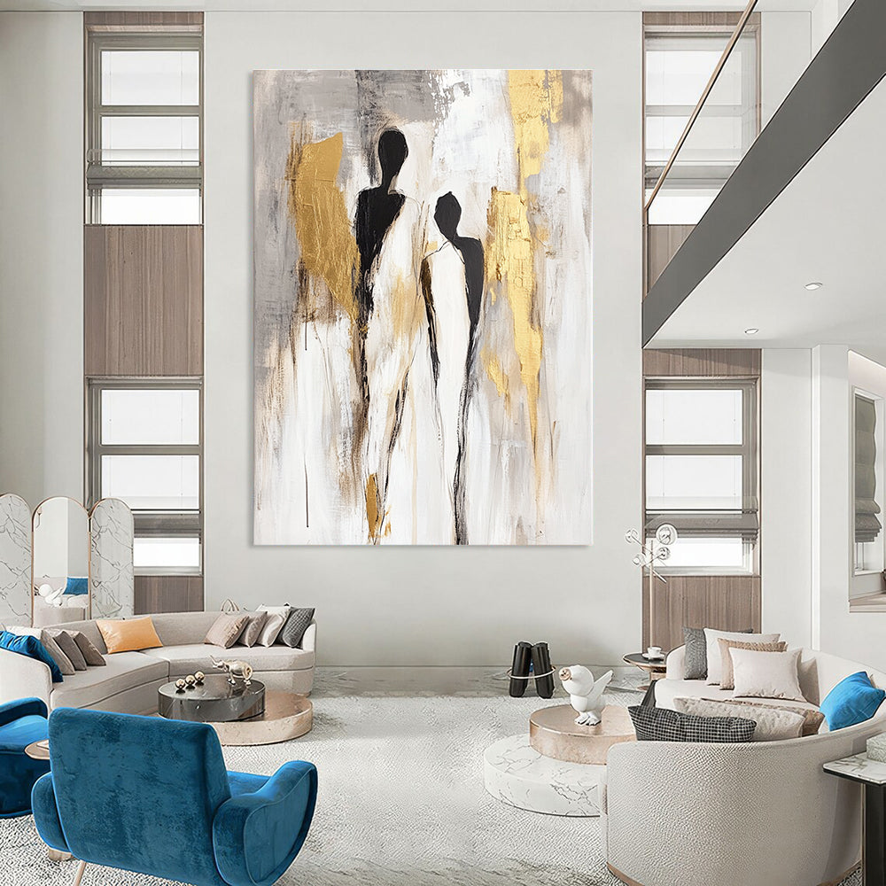 Large abstract painting in neutral tones with gold accents featuring soft gestural figures and delicate brush strokes on a light grey background.STSC440