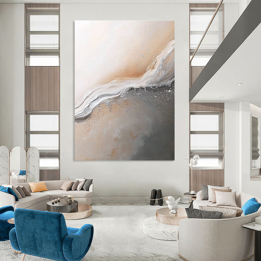 Large abstract painting of Jupiter's surface in gray beige and white with silver details evoking a calm serene atmosphere.STSC014