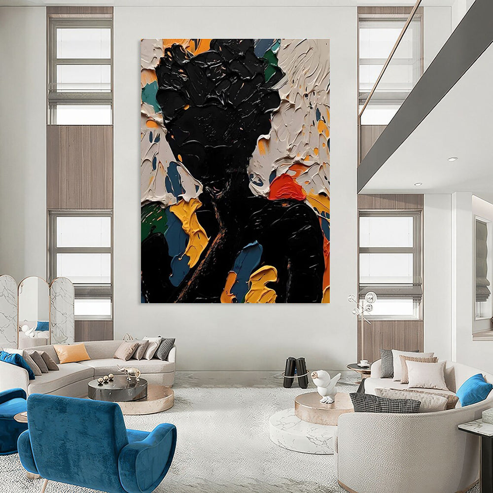 Black Figure Abstract Painting with Colorful Background Textures ADGE308