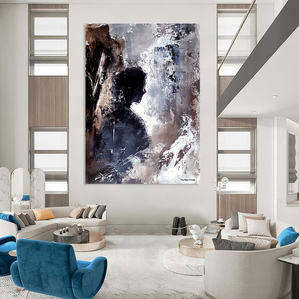 Large abstract painting of an ancient cave interior featuring a human figure in profile with strong brushstrokes conveying depth tension and mystery.STSC340