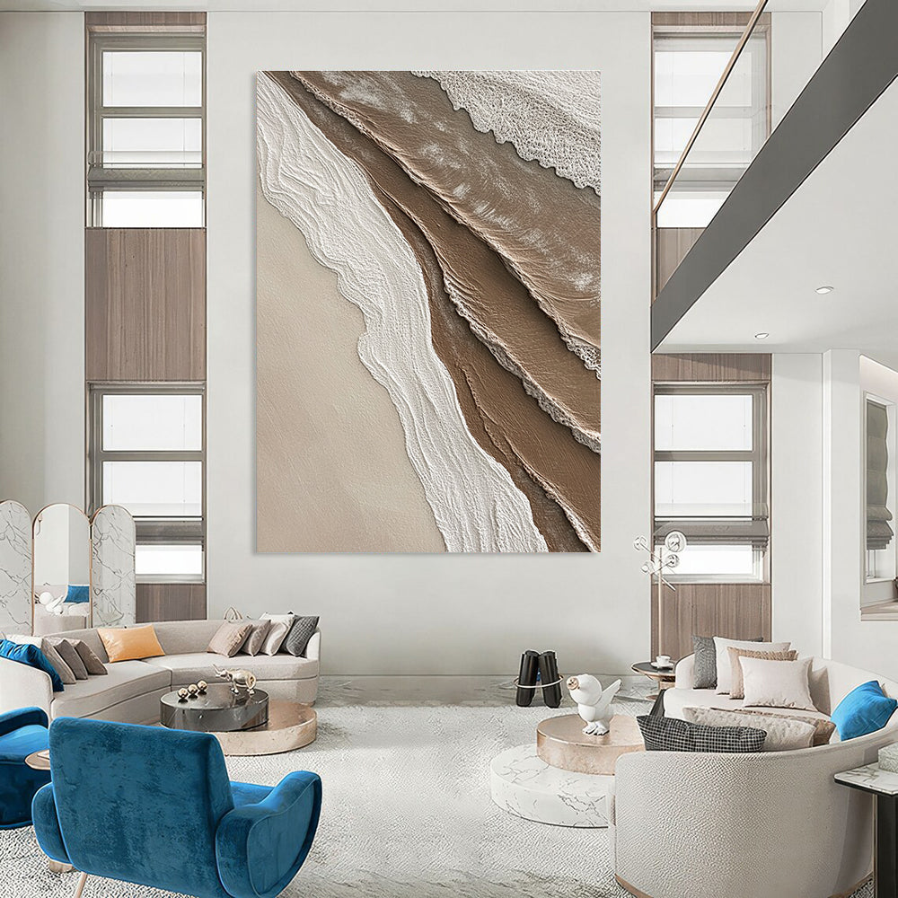 Abstract painting capturing textures where sand meets water in soft shades of brown beige white and grey ideal for enhancing any space.STSC951