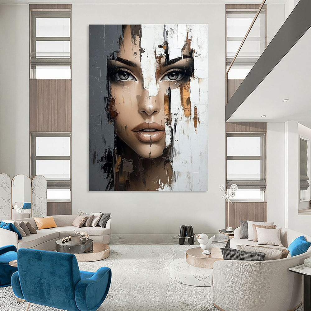 Large abstract painting featuring a woman's face with brushstrokes reflecting the world outside using a rich palette of gray beige and brown.STSC902
