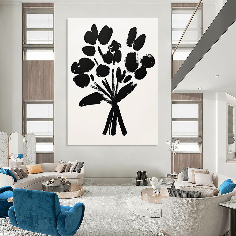 A large abstract painting featuring a bouquet of flowers with black brush strokes on white paper in a simple and minimalistic drawing style.STSC924