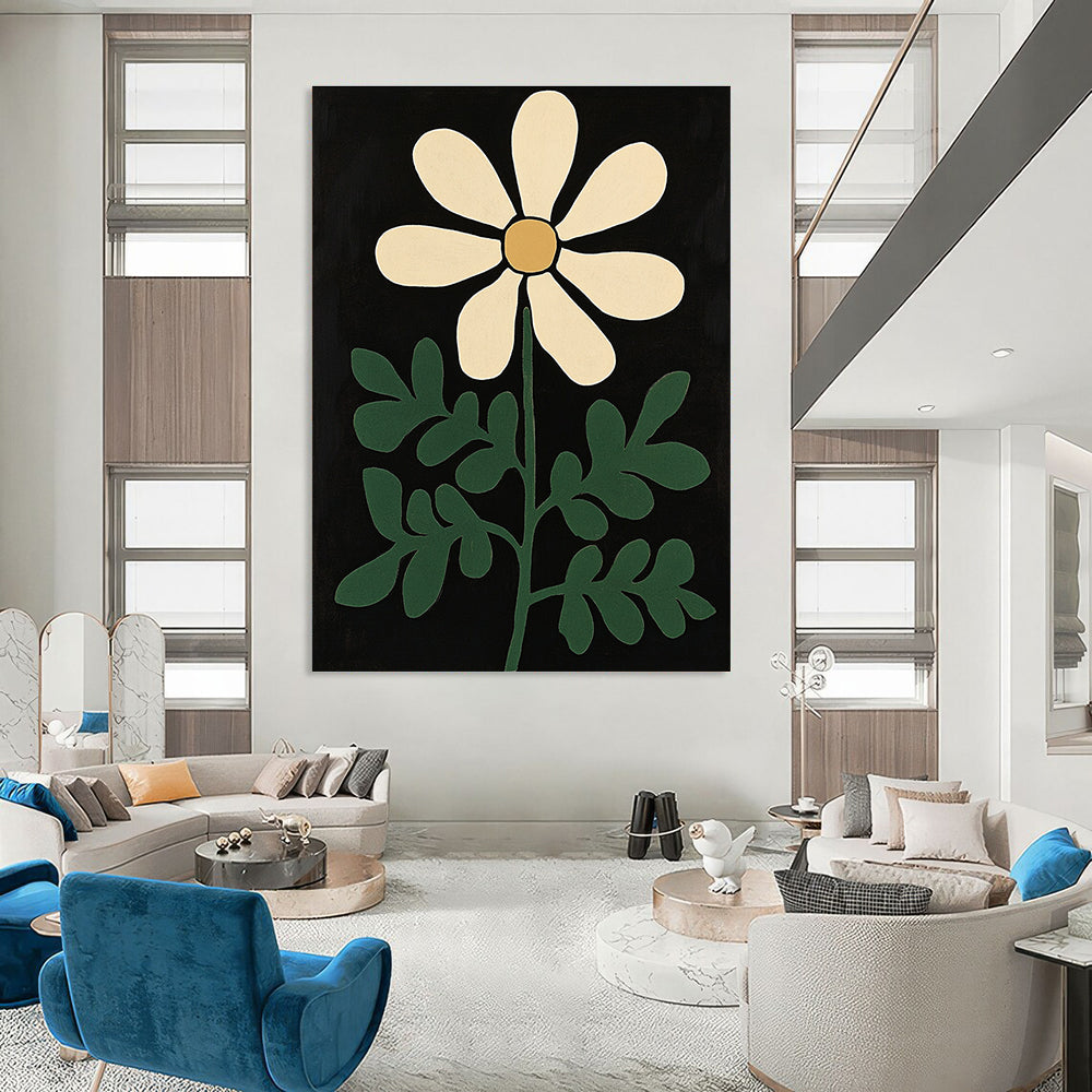 Large abstract painting featuring green fern and white flower on a black background inspired by the styles of Henri Matisse and Bob Staake.STSC1300