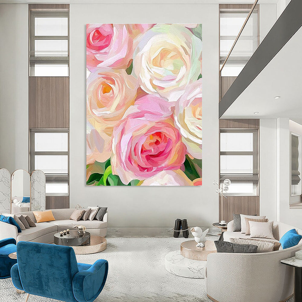 A large abstract painting featuring soft pink and cream roses with loose brushstrokes and a blurred background highlights the flowers' vibrant texture.STSC944