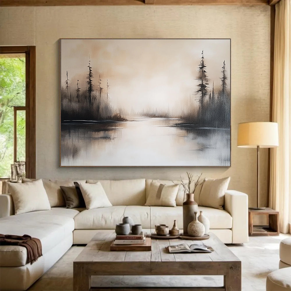 Abstract painting featuring a serene lake landscape in neutral tones with soft brush strokes and misty water reflections capturing a peaceful setting.SC052