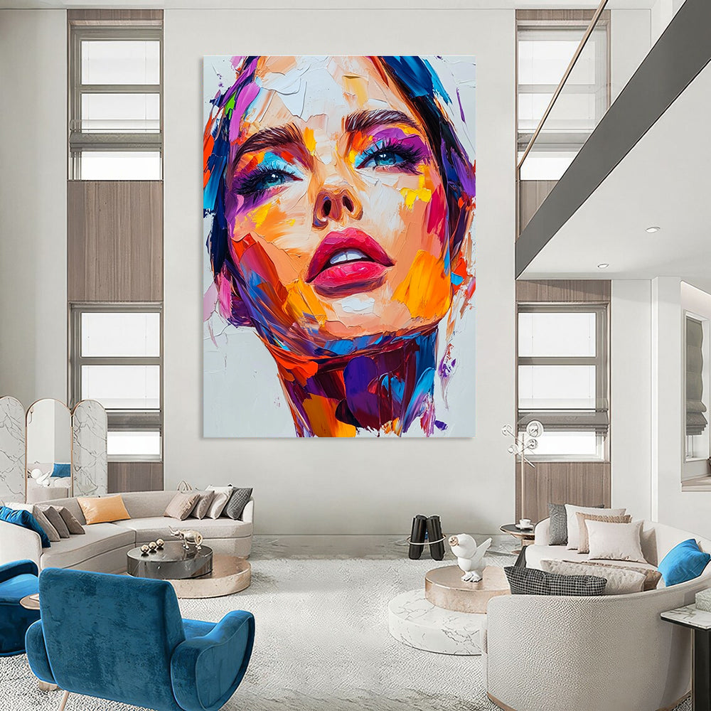 An abstract painting featuring a close-up portrait of an attractive woman with vibrant colors and thick brush strokes on a white background.STSC1162