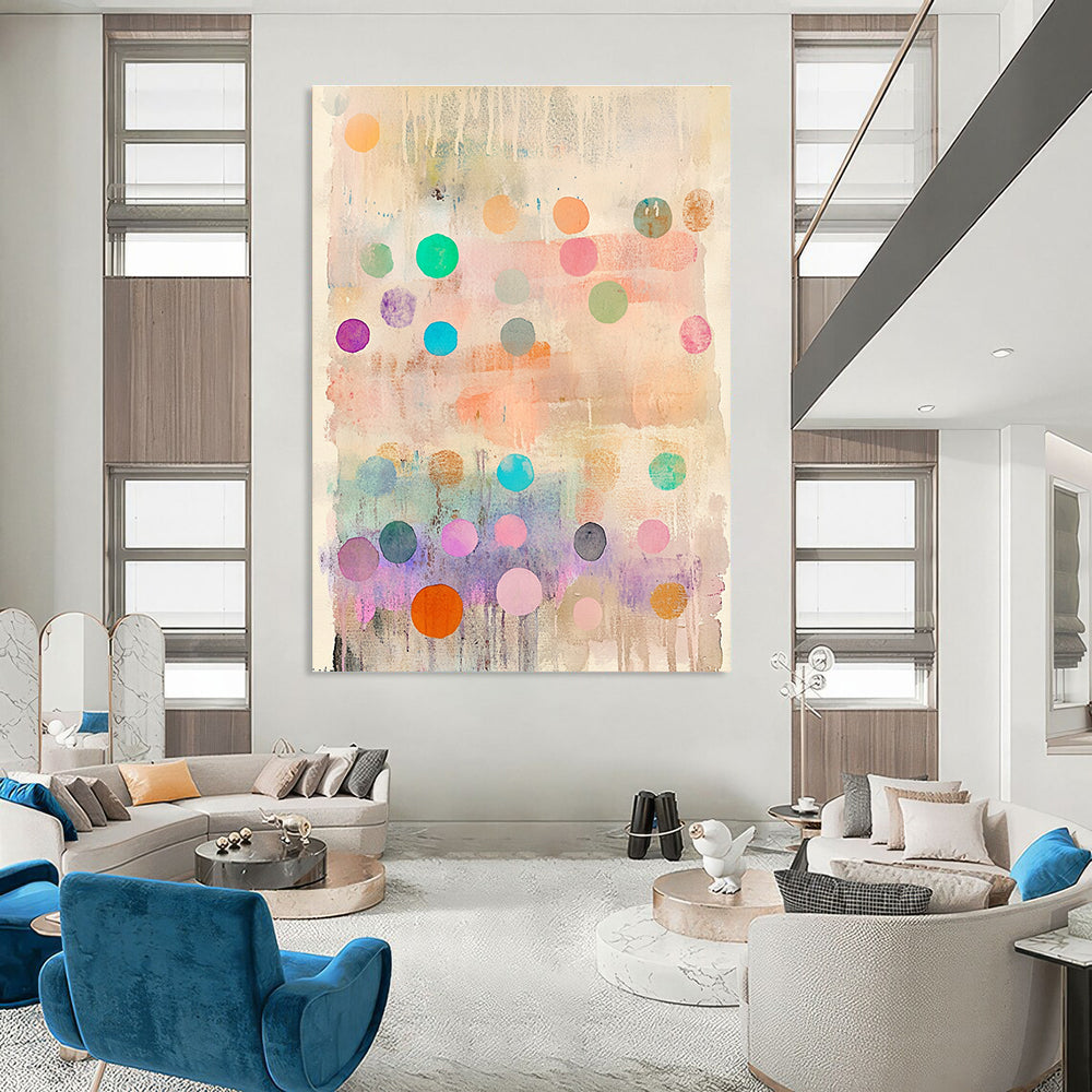 Large abstract painting featuring delicate pastel colors with whimsical round shapes and vibrant polka dot stripes creating an organic depth and dreamy quality.STSC1043