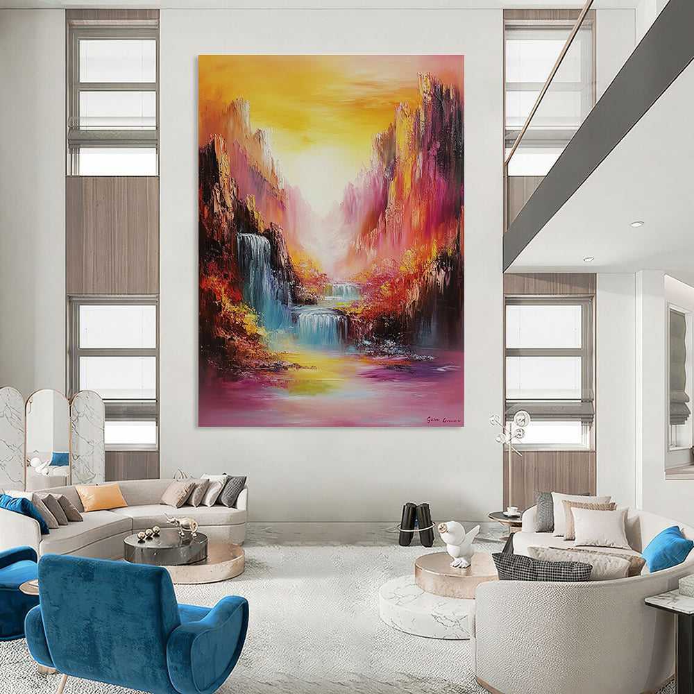 Large abstract oil painting featuring vibrant mountains and waterfalls in rainbow colors with bold brush strokes and a dreamy golden hour landscape.STSC1374