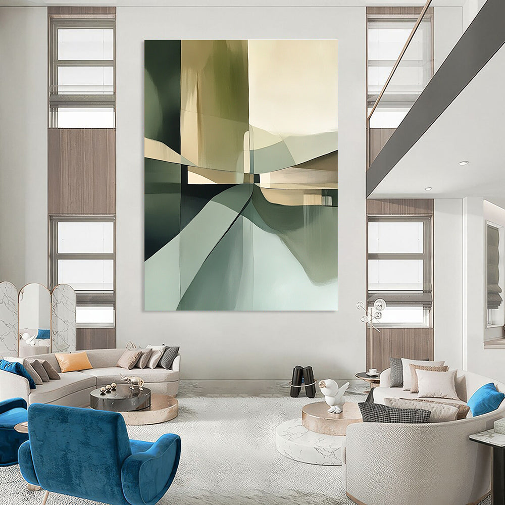 Large abstract painting in neutral green tones featuring brush strokes soft focus muted colors geometric shapes and a detailed textured composition.STSC114