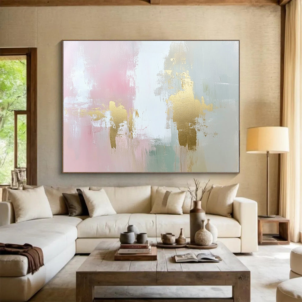 Gold Accent Abstract Painting in Pink and Green DYP442