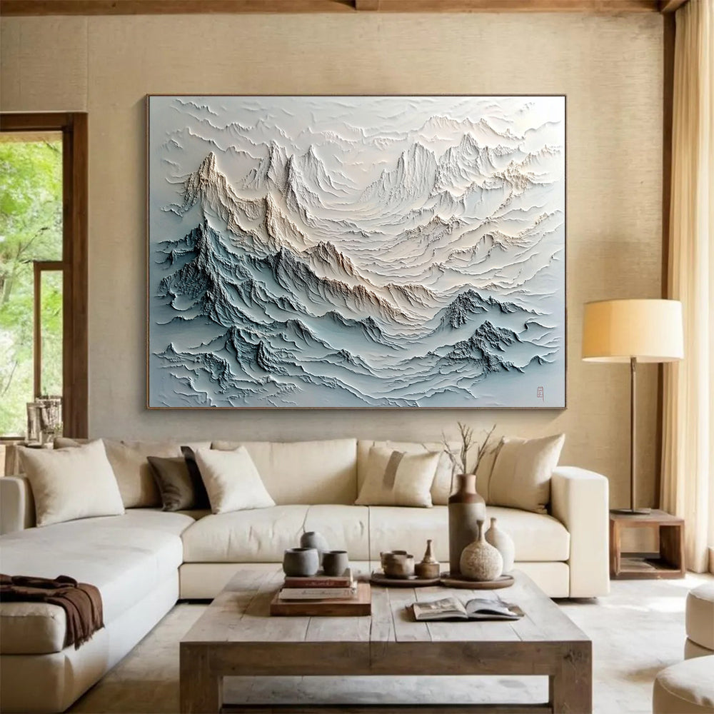 Layered Mountain Range Relief Abstract Painting with Gray and Beige Textures DYP620