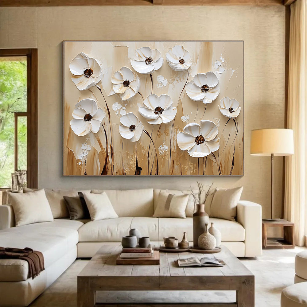 Large abstract painting featuring textured white flowers on a beige background with a white and brown color palette in oil paint.SC003
