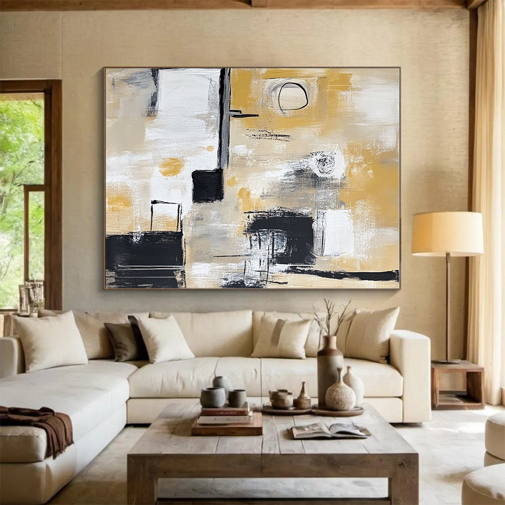 Yellow - Toned Abstract Painting with Black, White, and Beige GER321