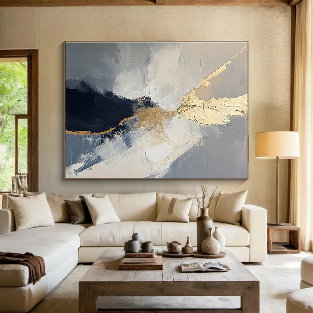 Gray and Gold Abstract Painting with Fluid Shapes DYP299