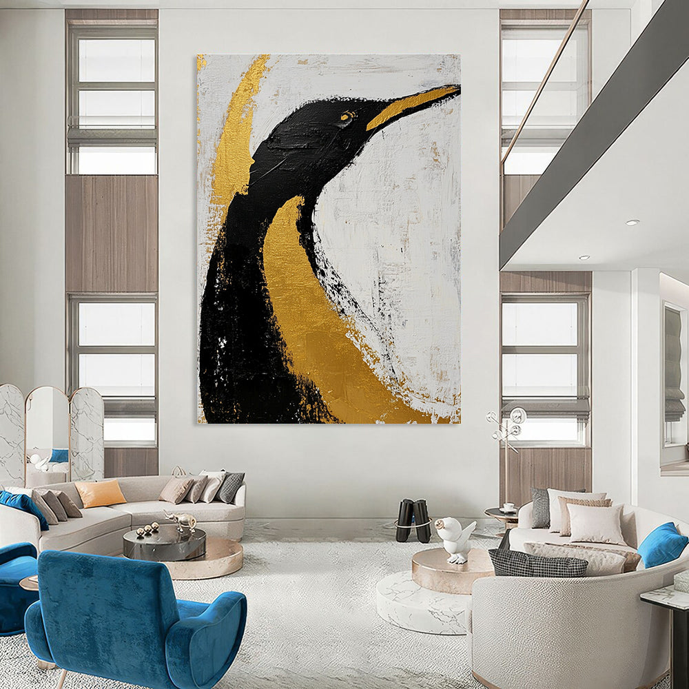 Large abstract art featuring a black and gold penguin on a white background with clean dark lines brush strokes and gold leaf accents.STSC010