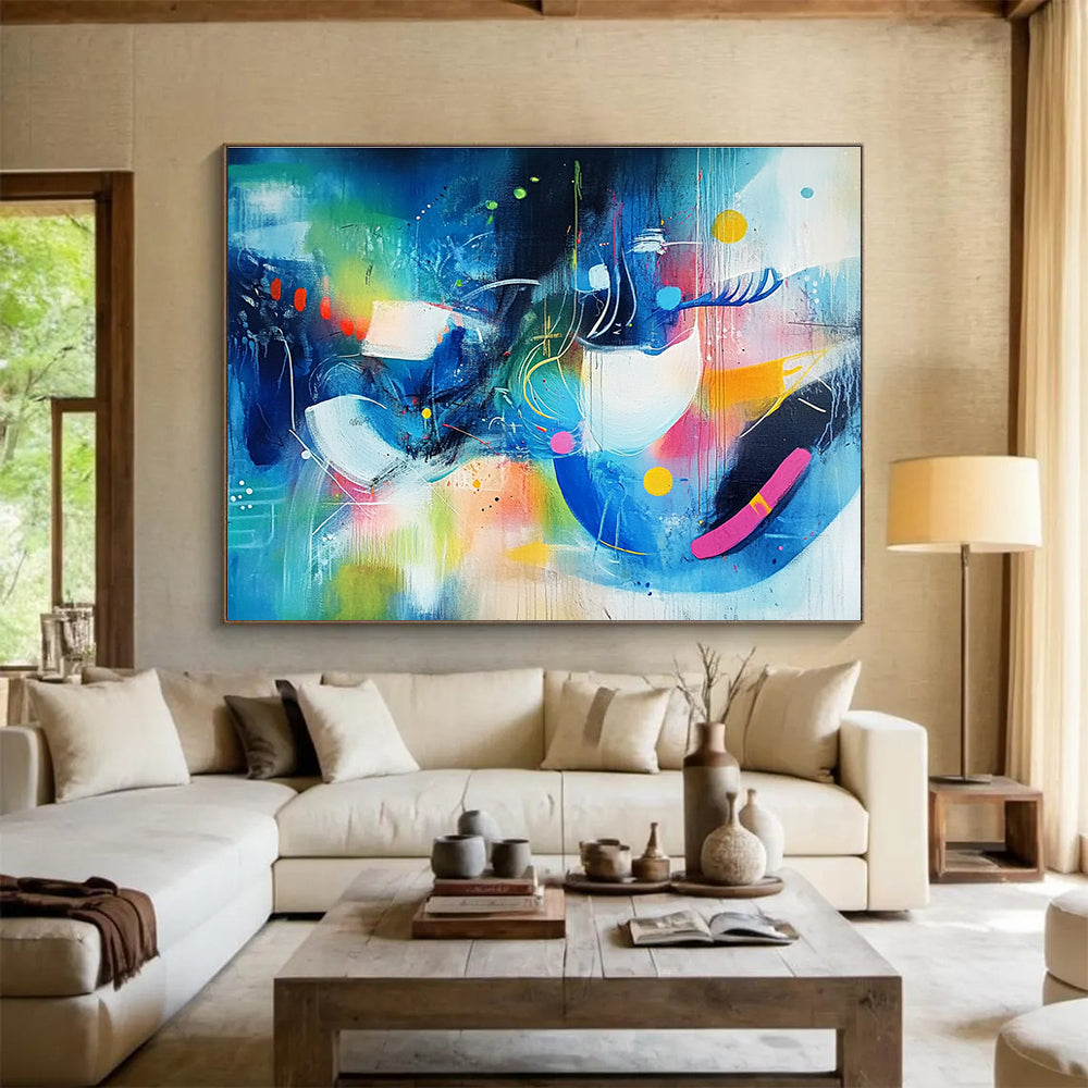Vibrant abstract painting featuring colorful shapes and lines in shades of blue and green with bright accents, embodying a sense of dynamic movement.SC216