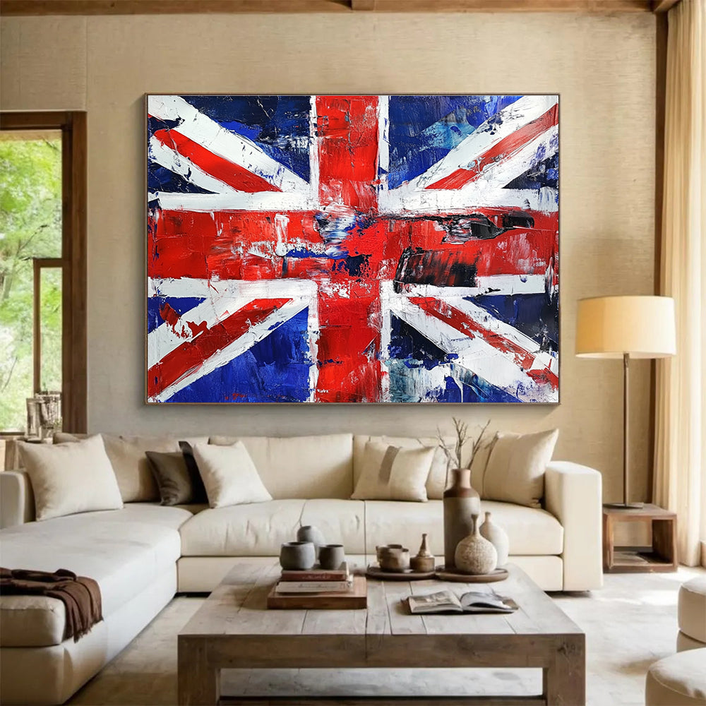 Textured Union Jack Abstract Painting with Red White and Blue Tones DYP359