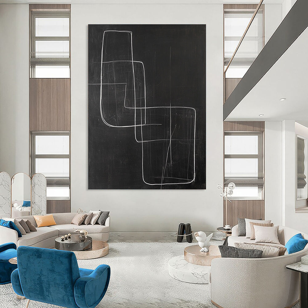 Large abstract drawing featuring a square and an abstract chair in white lines on black paper, minimalist style with a dark background.STSC1185