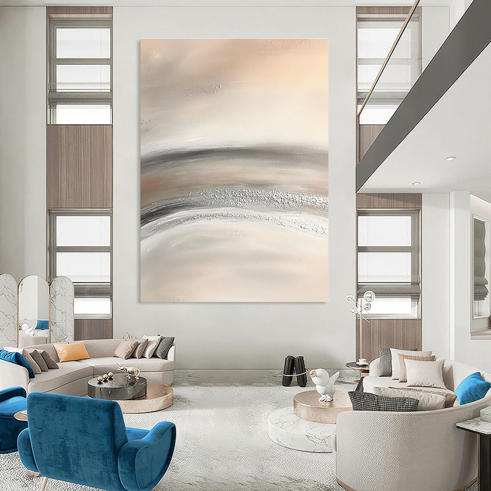 Abstract painting featuring soft gray and white striped desert sand with silver dust conveying serenity and tranquility through minimalist design.STSC949