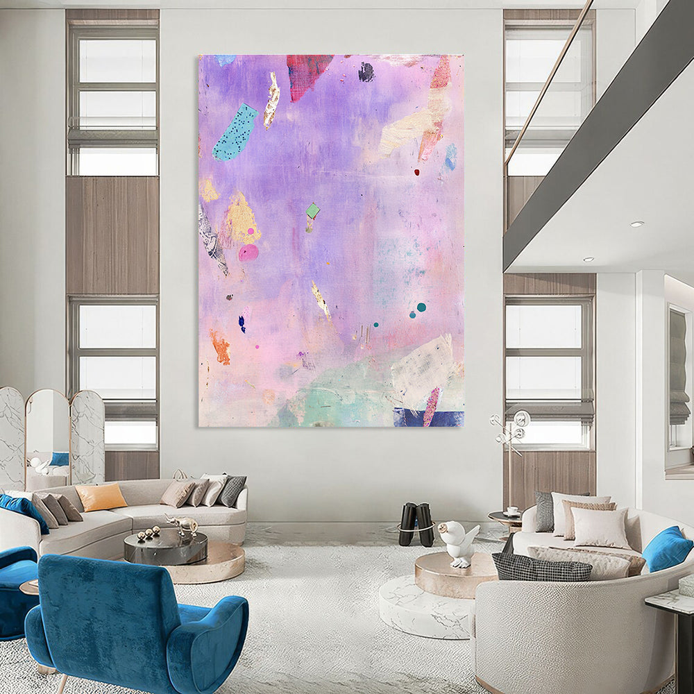 A large abstract painting featuring whimsical floating objects in lavender and pink with vintage fabric pieces and a serene dynamic composition that evokes joy.STSC1207