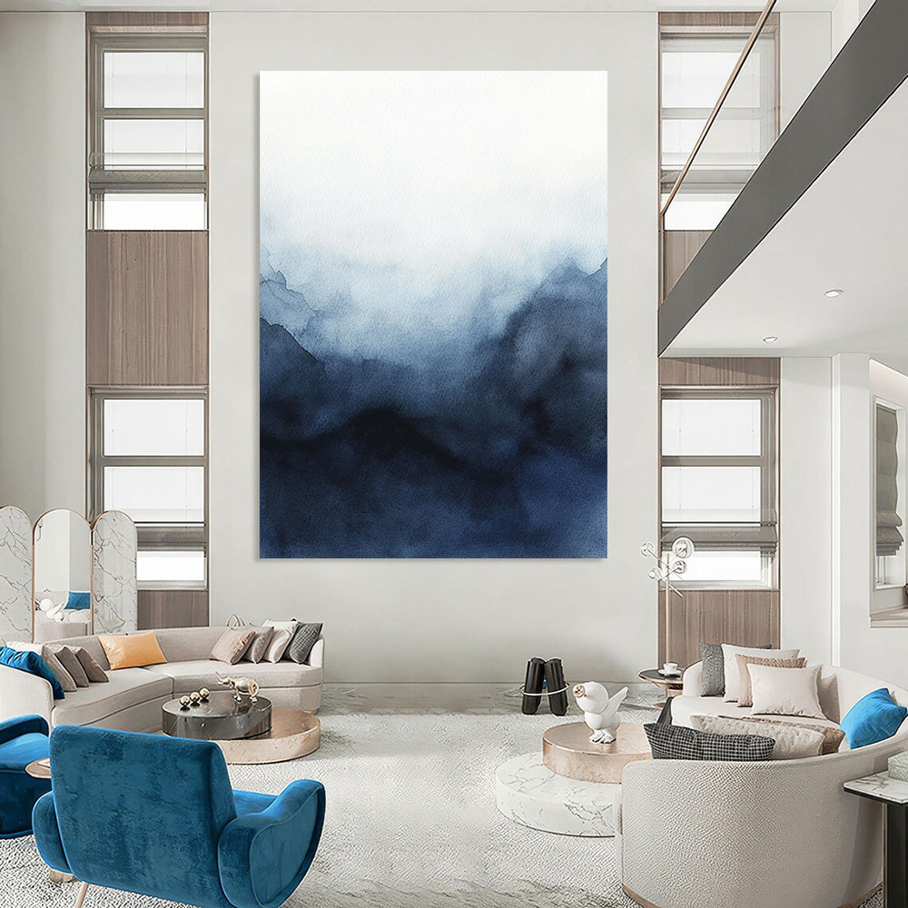 Large abstract watercolor painting of a stormy sky featuring dark blue and gray hues on a white background for striking contrast and minimalist elegance.STSC498