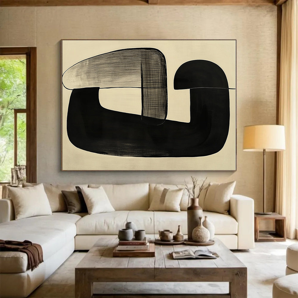 Black and Gray Curved Forms Abstract Painting with Subtle Textures GER012