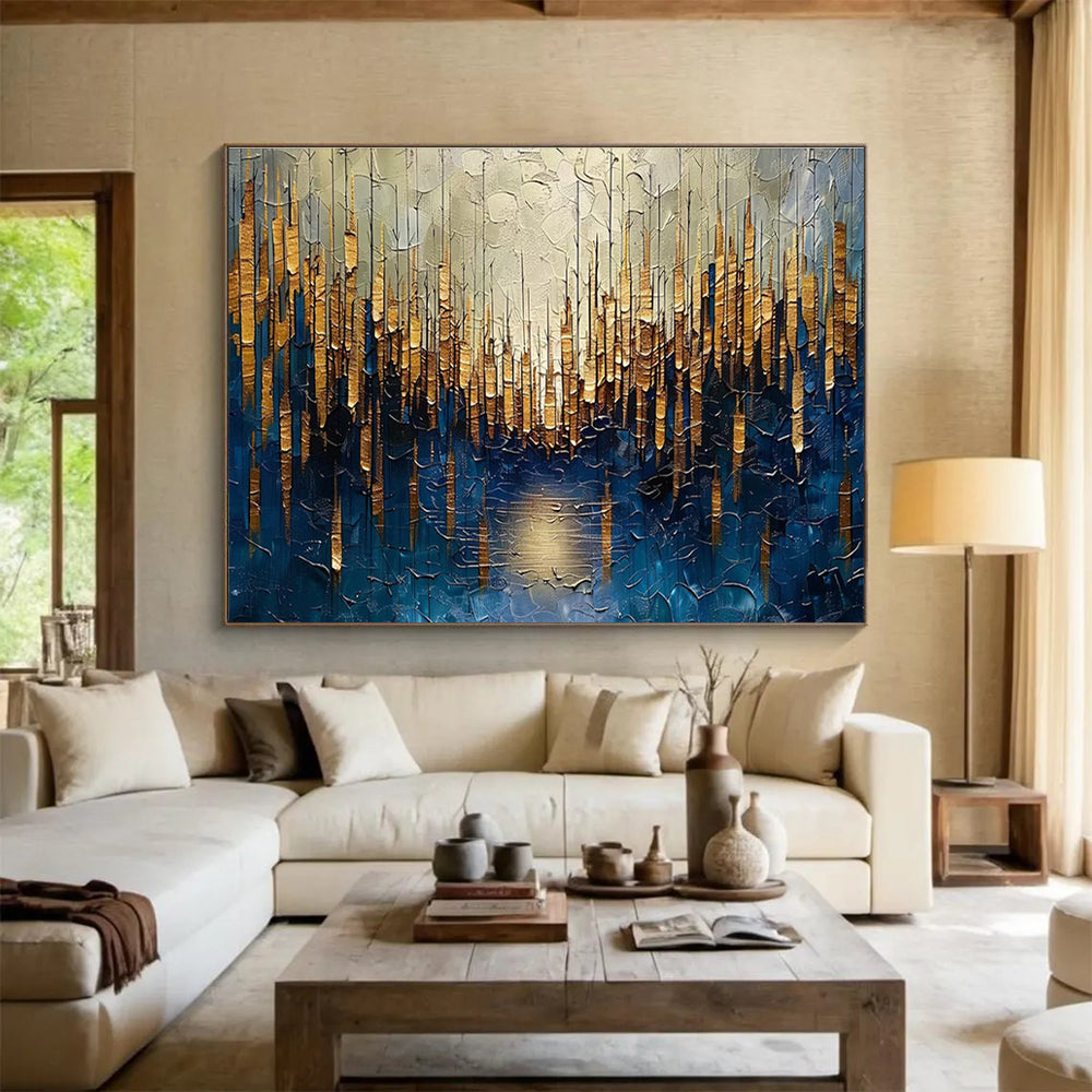 Golden Forest Abstract Painting with Blue and Gold Tones THY157