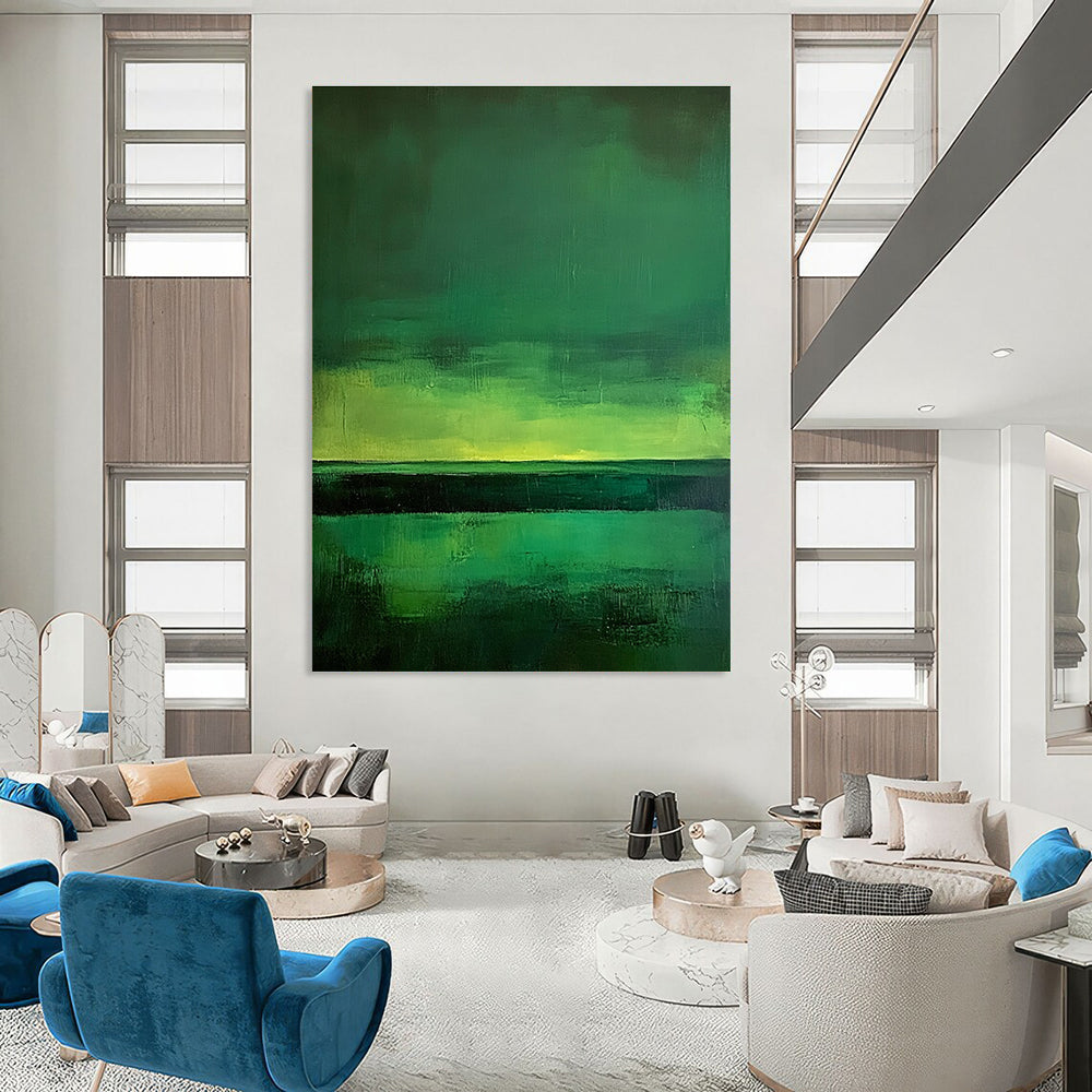 Large abstract painting of green fields under a dark sky illuminated by northern lights featuring minimalism and expressive brush strokes inspired by Mark Rothko.STSC308