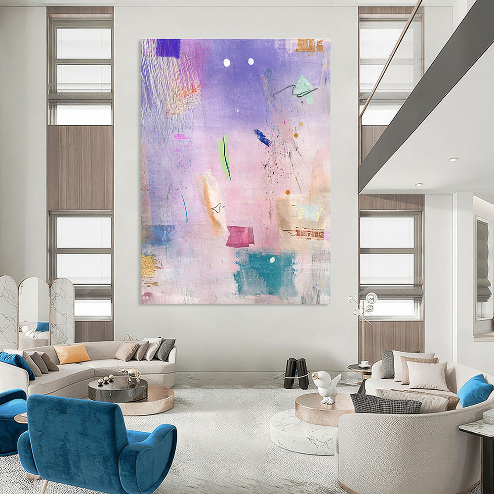 Abstract painting featuring pastel textures shapes dreamy atmosphere with dragonflies swans scattered books fabric feathers leaves watercolor technique whimsical aesthetic.STSC605