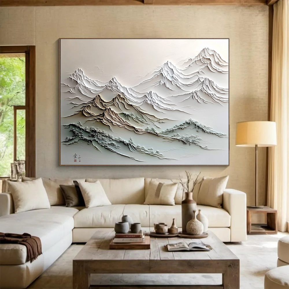 A large abstract painting featuring a stunning mountain range with intricate details and a soft color palette, evoking tranquility and majesty.SC557