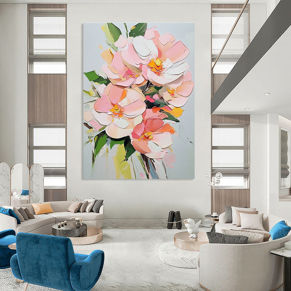 Large abstract painting featuring pink flowers and green leaves on a white background created with acrylic techniques.STSC1412