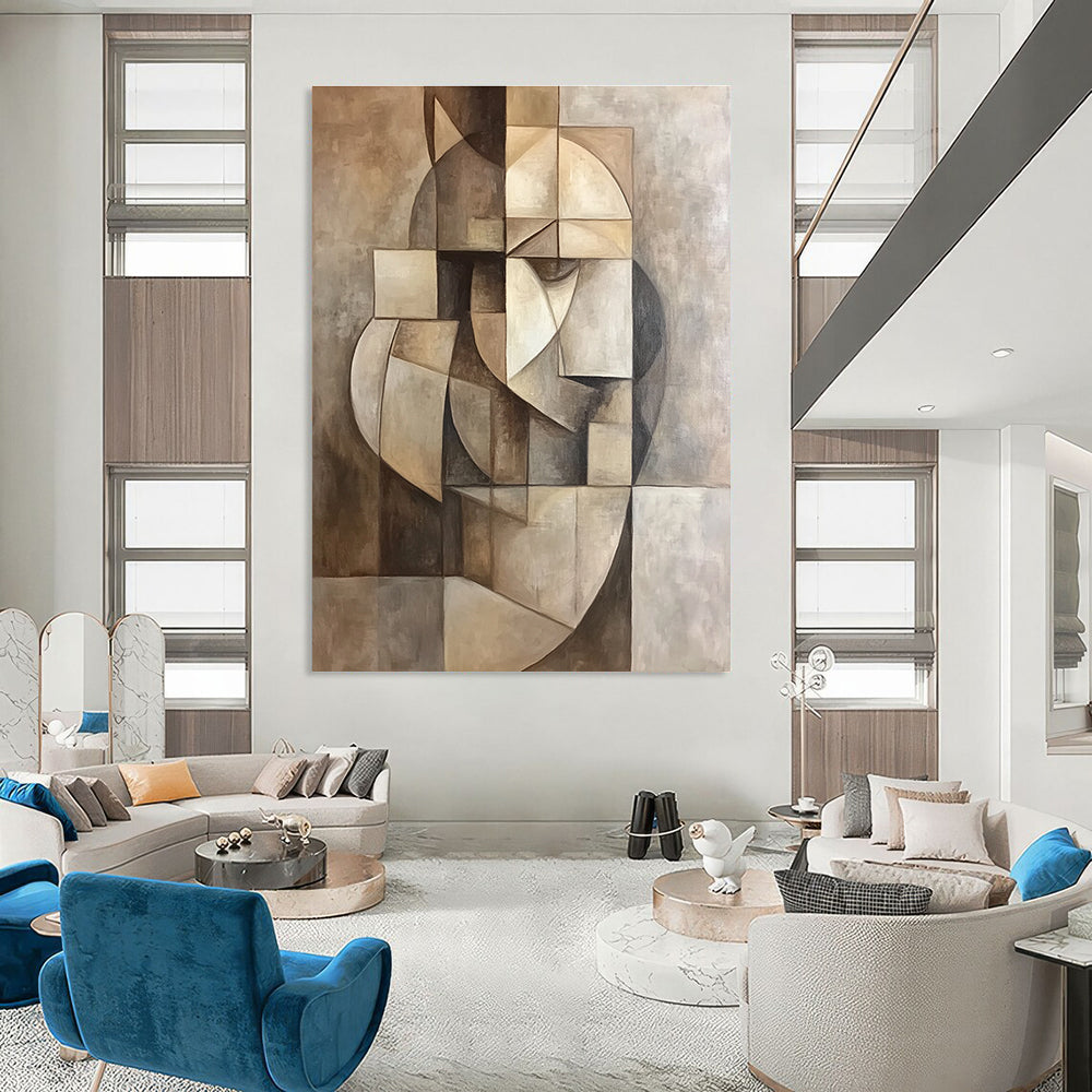 A large abstract painting features a geometric composition in muted colors, inspired by Picasso's cubist style for a sophisticated aesthetic.STSC859