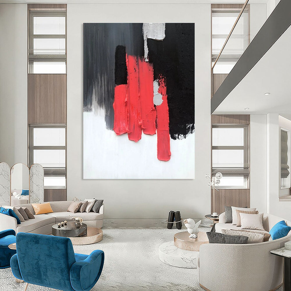 Red, Black, and Gray Textured Abstract Painting with Vertical Forms ADGE394