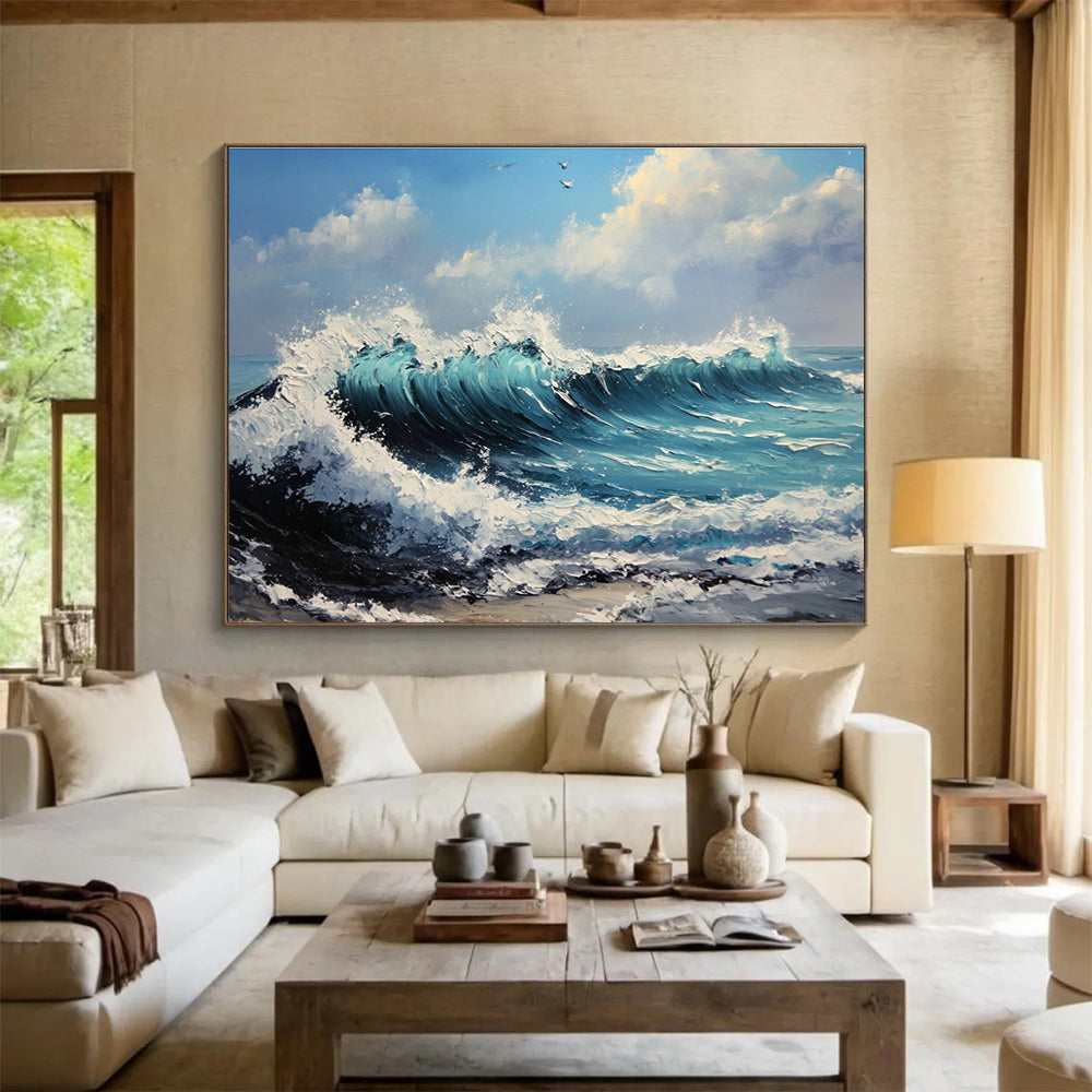 Crashing Waves at Sea Impasto Abstract Painting with Turquoise Blues DYP599