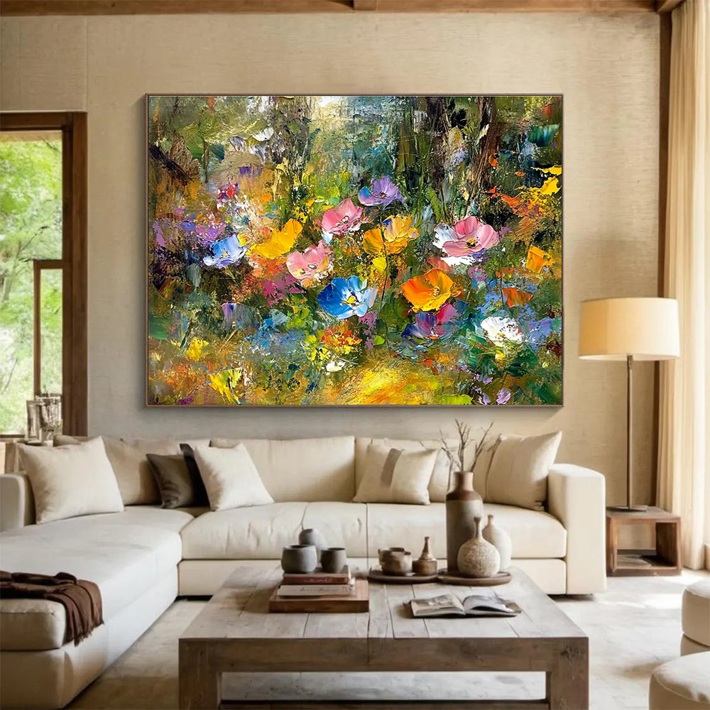 An abstract painting featuring vibrant wildflowers in a forest with expressive colors and blurred background, highlighted by golden foliage and trees.SC401