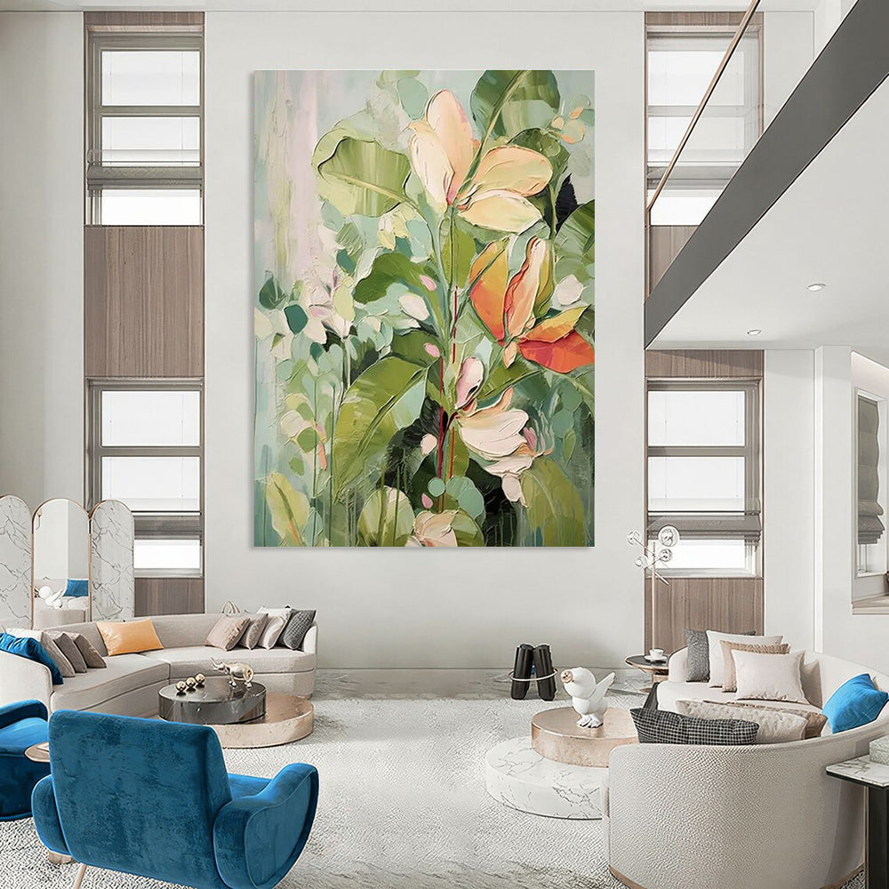 Green and Beige Tropical Flowers Abstract Painting ADGE083