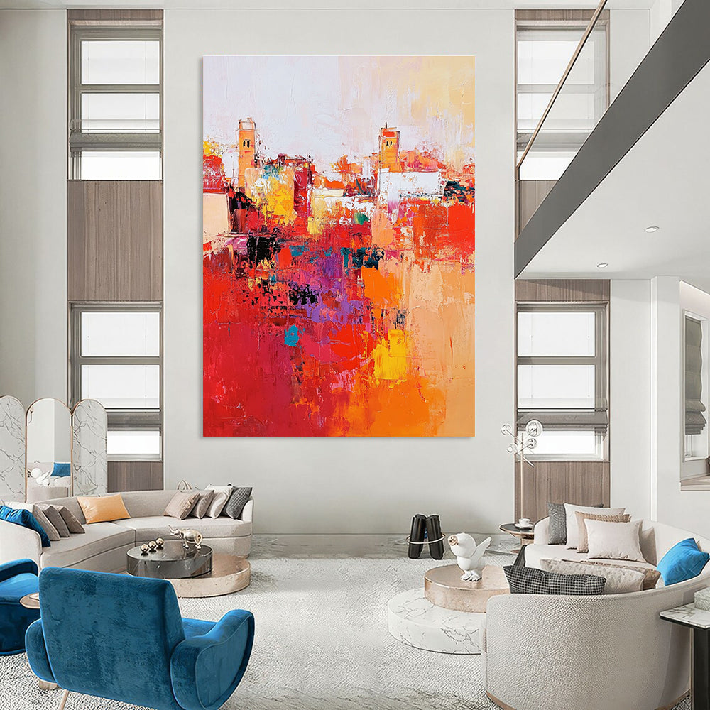 Large abstract painting depicting Marrakech cityscape with vibrant reds and oranges thick brush strokes and dynamic composition creating atmospheric lighting.STSC556