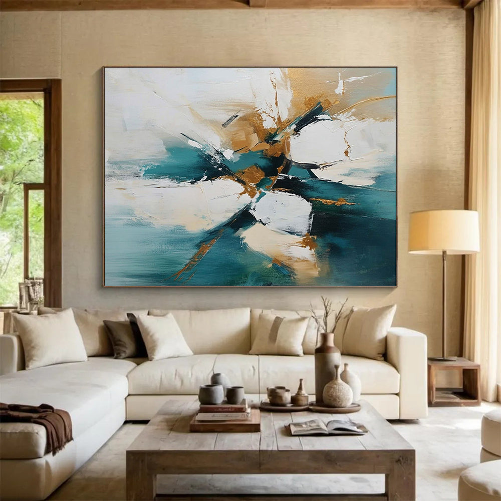 Teal Gold and White Abstract Painting with Dynamic Strokes GER682