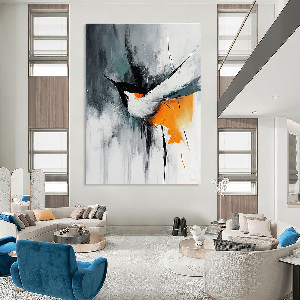 Abstract painting featuring an orange white and black bird in flight with minimalistic brush strokes on a gray background in the style of Marcin Sobas.STSC662